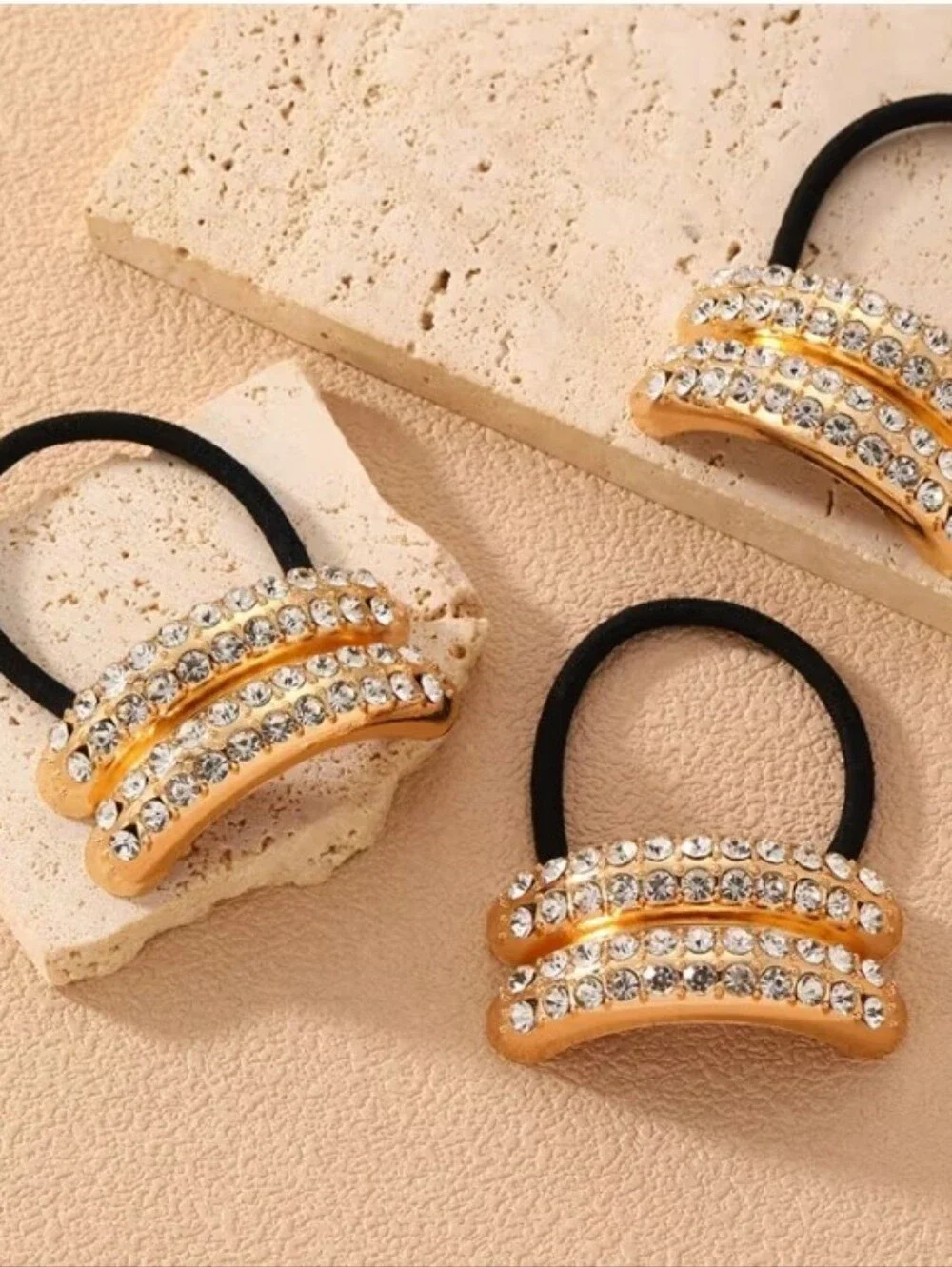 NEW! Gold Sparkly Rhinestones Elastic Hair Ties Band- Set Of 3